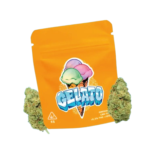 Bolsa de flor Gelato con cogollos, variedad dulce disponible con entrega rápida. CBD en Menorca fresco para el verano.