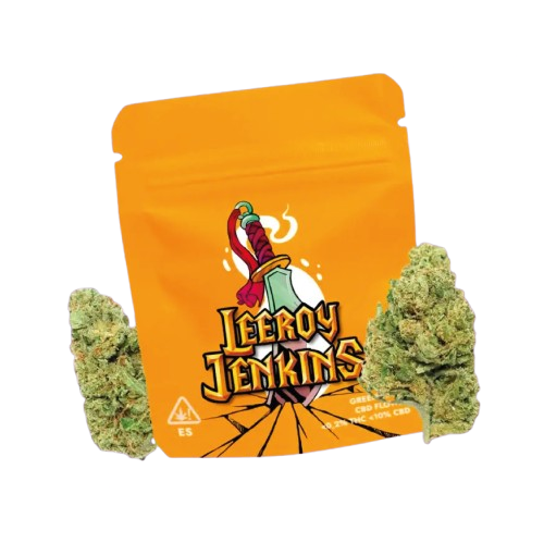 Bolsa de flor CBD Leeroy Jenkins con cogollos, variedad exclusiva de CBDGo Menorca con entrega express. CBD en Menorca fácil y rápido.